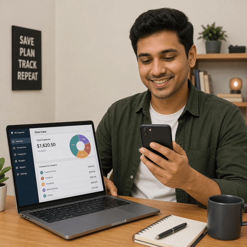 A person reviewing expense tracking software on a laptop and phone
