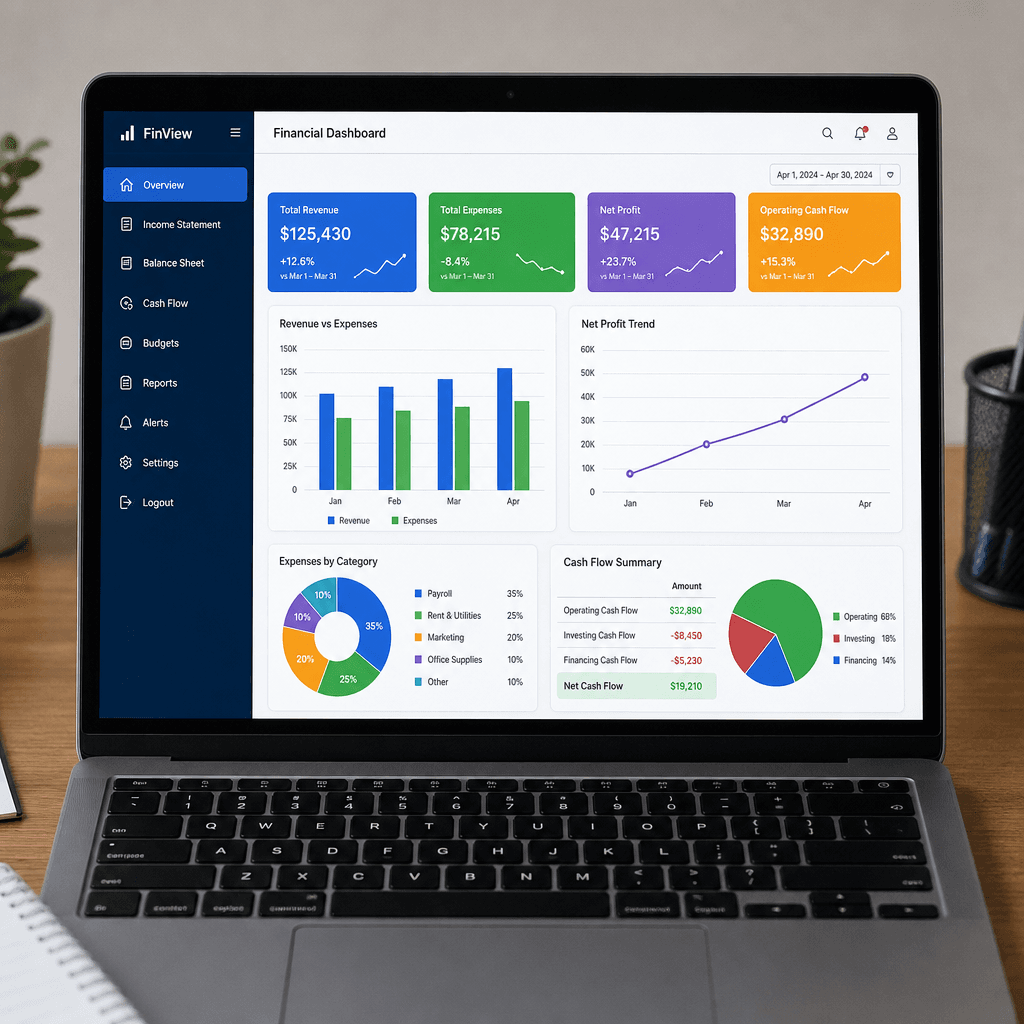 A financial dashboard showing expense categories and cash-flow charts