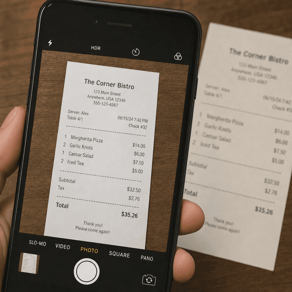 A smartphone camera capturing a receipt for expense tracking