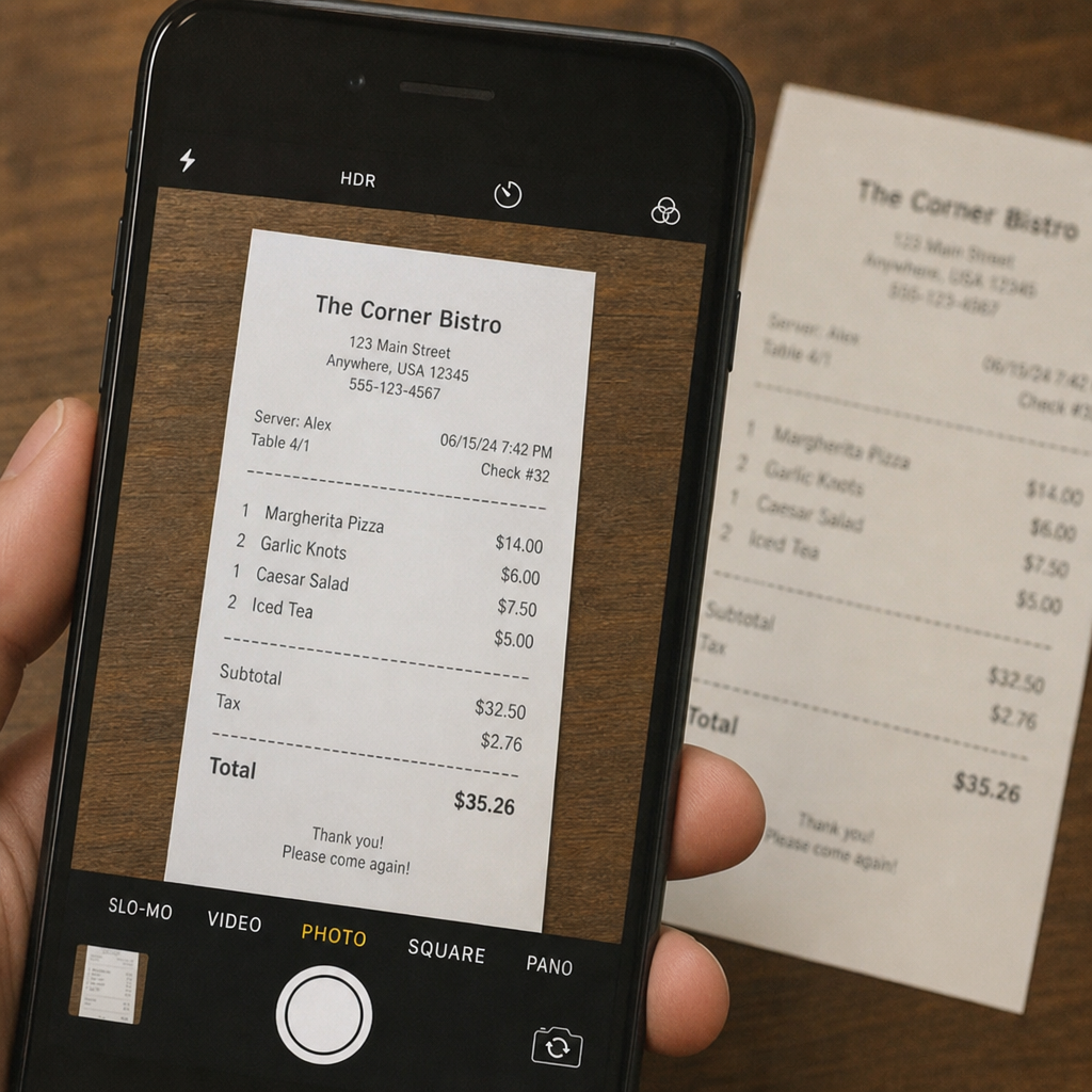 A smartphone camera capturing a receipt for expense tracking